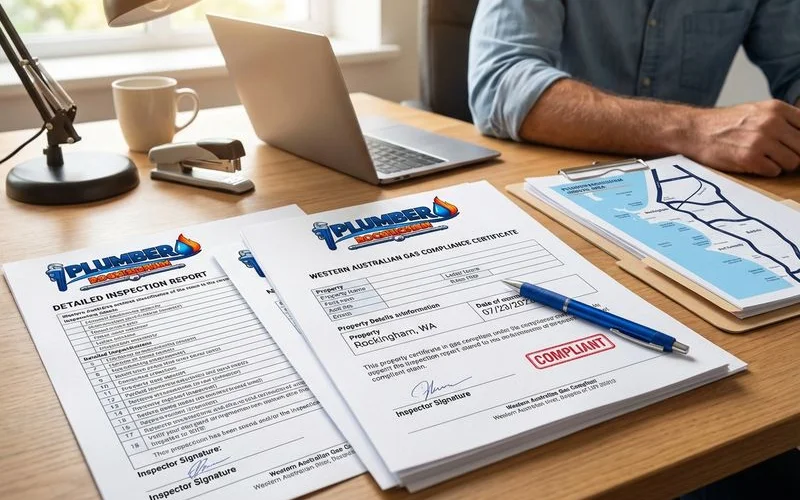 Close up view of a gas compliance certificate and inspection report documents for a rental property in Western Australia