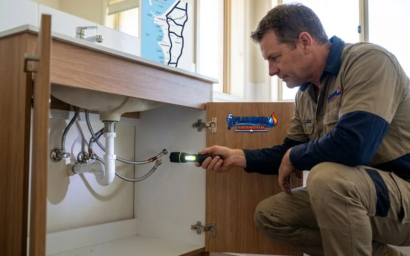 Homeowner inspecting flexi hose connection under bathroom sink checking for rust corrosion and signs of wear on braided steel