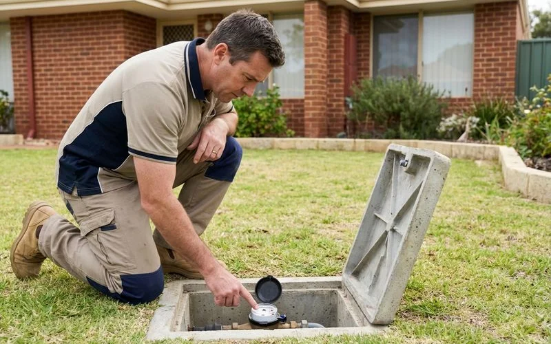 Homeowner kneeling next to an open water meter pit carefully watching the flow indicator triangle for signs of movement