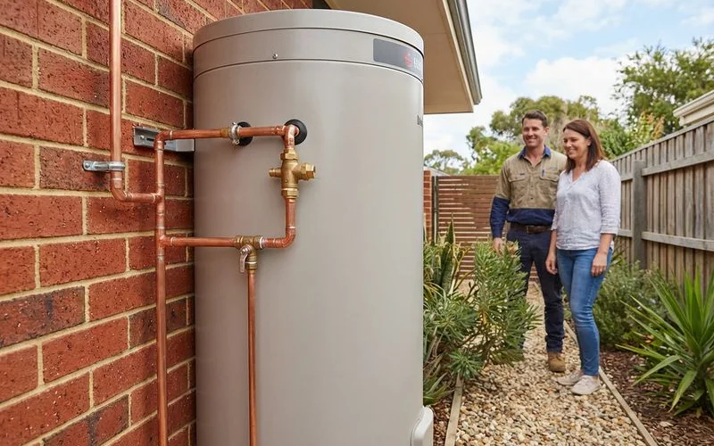 New hot water system installed with compliant tempering valve and pressure relief drain at Rockingham residential home