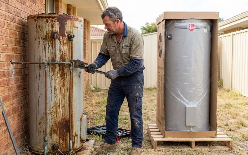 Old rusted hot water system being removed and replaced with a new efficient unit at a Rockingham property