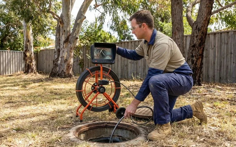 Plumber performing a CCTV drain camera inspection of underground sewer pipes to check for root intrusion and pipe damage