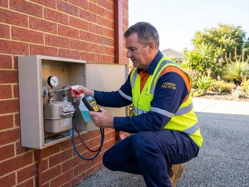 Gas fitter testing gas pressure and connections at a residential gas meter