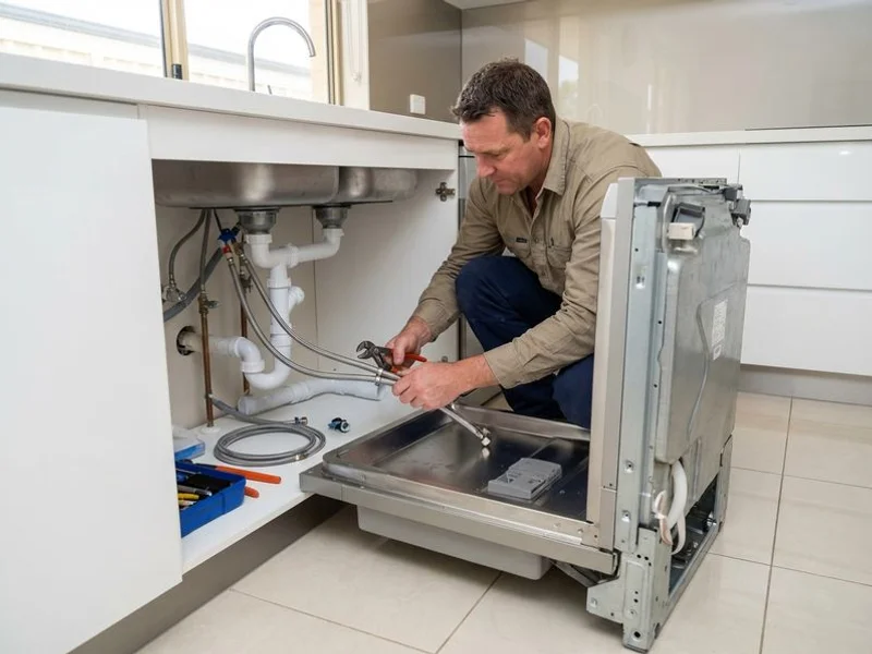 Plumber connecting dishwasher water supply and waste hoses under kitchen bench